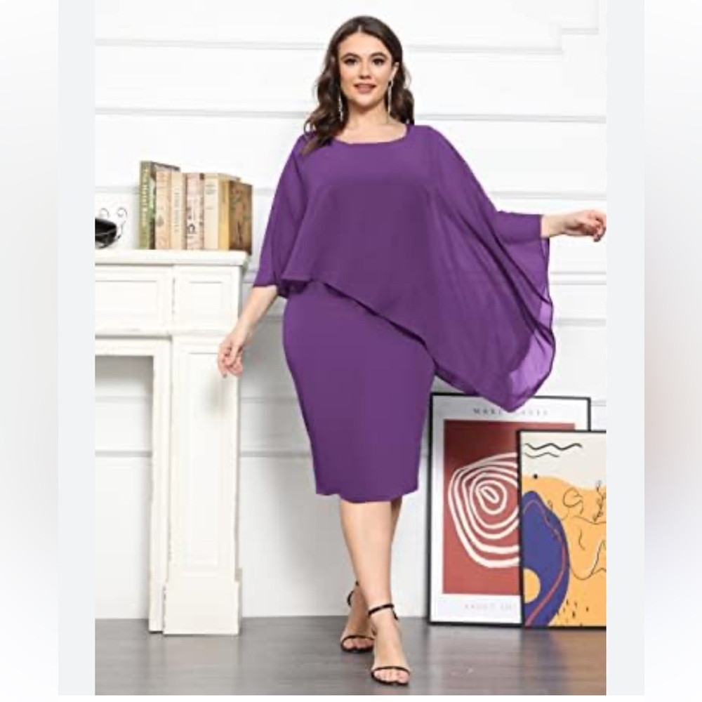 Hanna Nikole Purple Cape Sleeveless chevron knee length dress size 20W